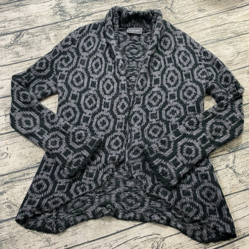 Wooden Ships‎ Womens S/M Geometric AOP Open Cardigan Mohair Wool Blend Knit